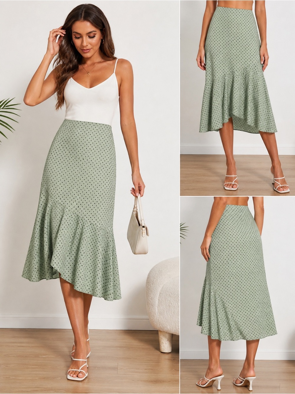 Light Sage Polka Dot Asymmetric Ruffle Skirt – Size 12 (New with Tags)